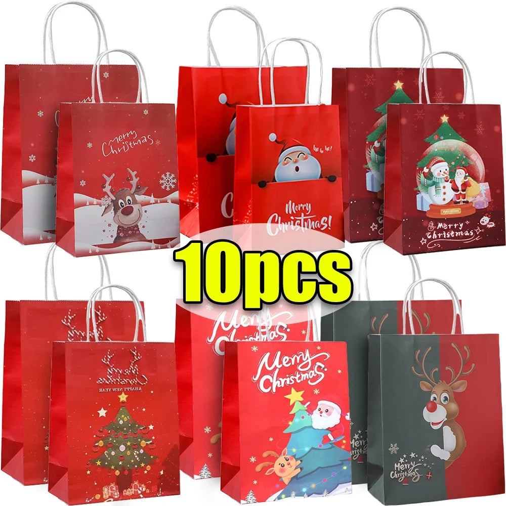 Christmas Kraft Paper Gift Bags with Handles (Cute Santa Claus Design)